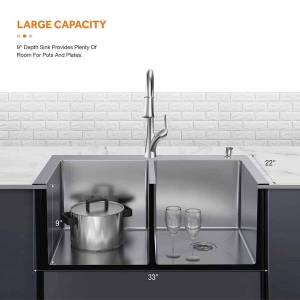 Dolancourt Tight Radius 33 in. Drop-In 50/50 Double Bowl 18 Gauge Stainless Steel Kitchen Sink with Pull-Down Faucet - Image 3