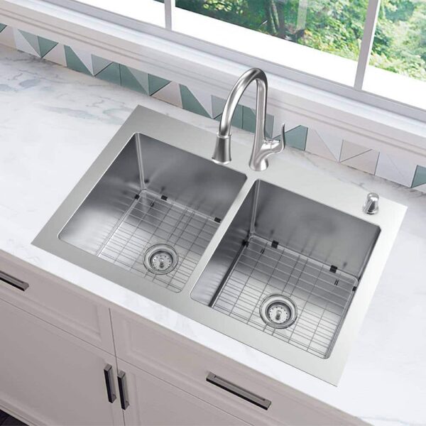 Dolancourt Tight Radius 33 in. Drop-In 50/50 Double Bowl 18 Gauge Stainless Steel Kitchen Sink with Pull-Down Faucet - Image 2