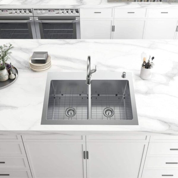 Dolancourt Tight Radius 33 in. Drop-In 50/50 Double Bowl 18 Gauge Stainless Steel Kitchen Sink with Pull-Down Faucet - Image 11