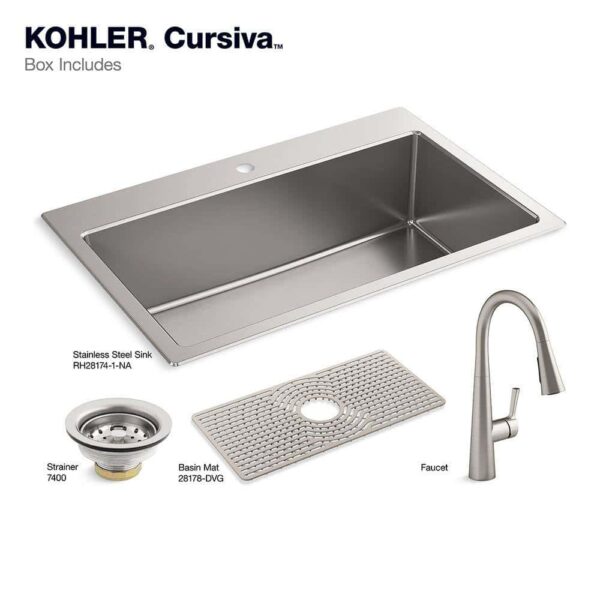 KOHLER K-RH28174-1PC-NA Cursiva All-in-One Stainless Steel 33 in. Single Bowl Drop-In or Undermount Kitchen Sink with Faucet - Image 5