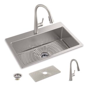 KOHLER K-RH28174-1PC-NA Cursiva All-in-One Stainless Steel 33 in. Single Bowl Drop-In or Undermount Kitchen Sink with Faucet