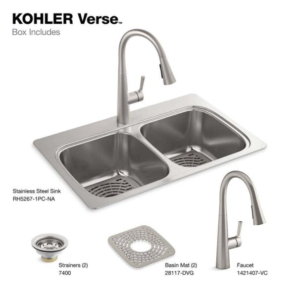 KOHLER K-RH5267-1PC-NA Verse Stainless Steel 33 in. Double Bowl Drop-In Kitchen Sink with Faucet - Image 3