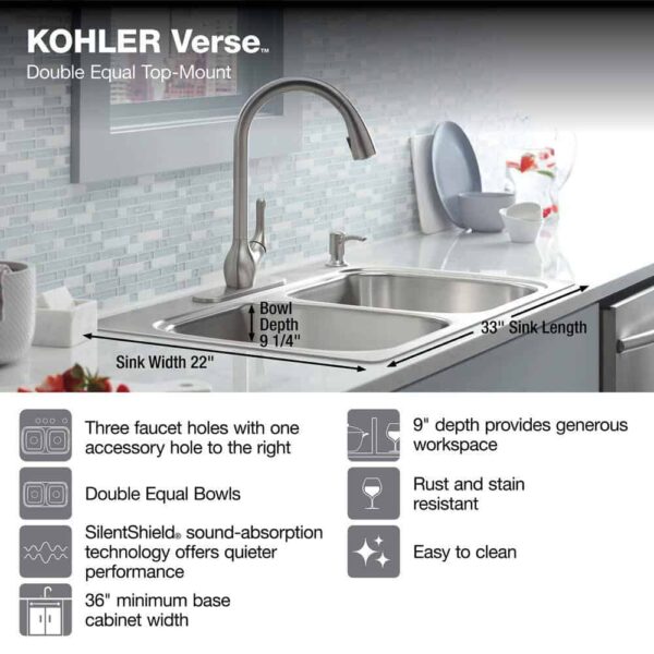 KOHLER K-RH5267-1PC-NA Verse Stainless Steel 33 in. Double Bowl Drop-In Kitchen Sink with Faucet - Image 9