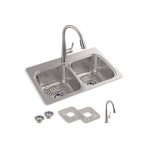 KOHLER K-RH5267-1PC-NA Verse Stainless Steel 33 in. Double Bowl Drop-In Kitchen Sink with Faucet