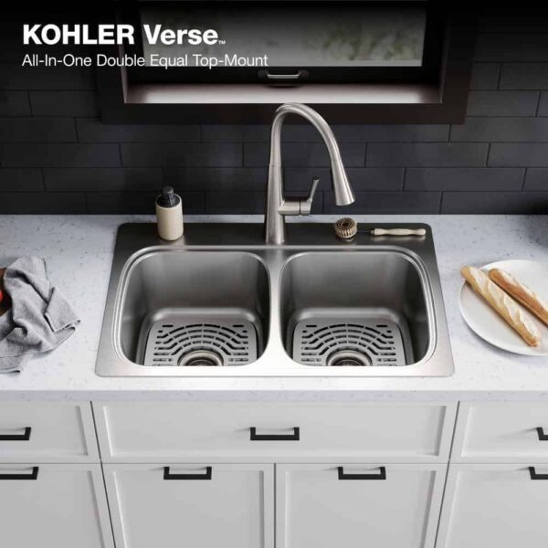 KOHLER K-RH5267-1PC-NA Verse Stainless Steel 33 in. Double Bowl Drop-In Kitchen Sink with Faucet - Image 6