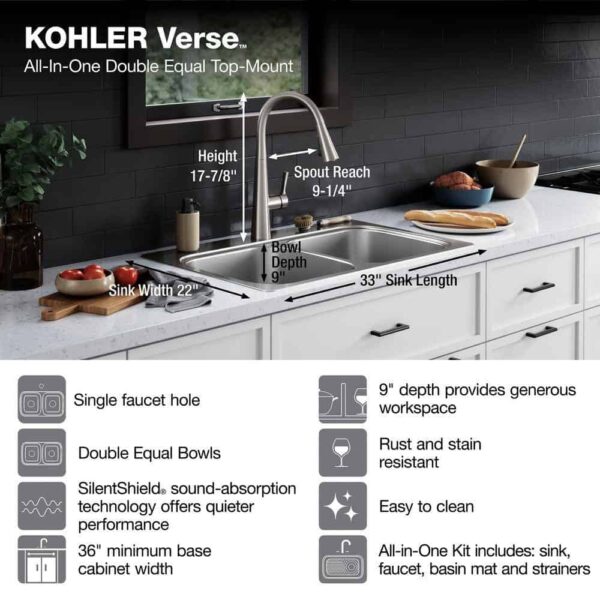 KOHLER K-RH5267-1PC-NA Verse Stainless Steel 33 in. Double Bowl Drop-In Kitchen Sink with Faucet - Image 4