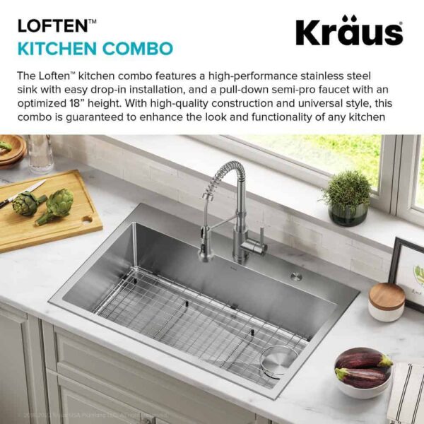 KRAUS Loften All in One 33 in. Drop In/Undermount Single Bowl 18-Gauge Stainless Steel Kitchen Sink with Pull Down Faucet - Image 6