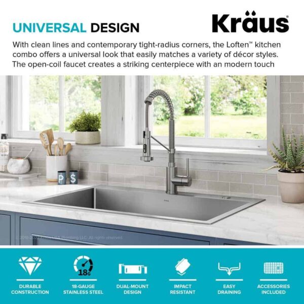 KRAUS Loften All in One 33 in. Drop In/Undermount Single Bowl 18-Gauge Stainless Steel Kitchen Sink with Pull Down Faucet - Image 7