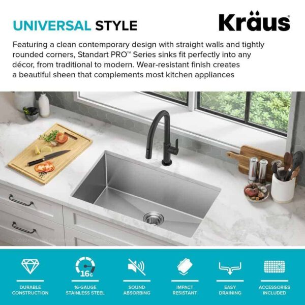 KRAUS KHU100-30 Standart PRO 30 in. Undermount Single Bowl 16 Gauge Stainless Steel Kitchen Sink with Accessories - Image 5