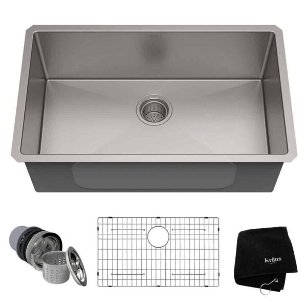 KRAUS KHU100-30 Standart PRO 30 in. Undermount Single Bowl 16 Gauge Stainless Steel Kitchen Sink with Accessories