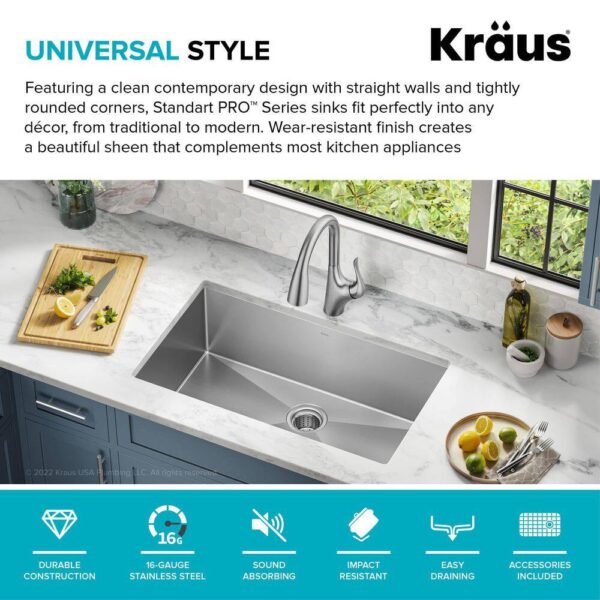 KRAUS Standart PRO 32in. 16 Gauge Undermount Single Bowl Stainless Steel Kitchen Sink - Image 5