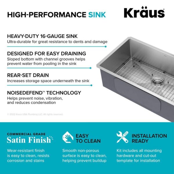 KRAUS Standart PRO 32in. 16 Gauge Undermount Single Bowl Stainless Steel Kitchen Sink - Image 15