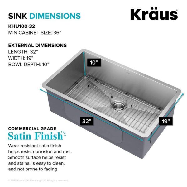 KRAUS Standart PRO 32in. 16 Gauge Undermount Single Bowl Stainless Steel Kitchen Sink - Image 7