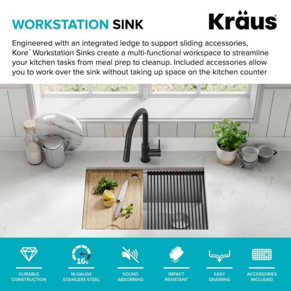 KRAUS Kore Workstation 27 in. 16-Gauge Undermount Single Bowl Stainless Steel Kitchen Sink with Accessories - Image 4