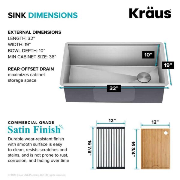 KRAUS Kore Workstation 32-inch Undermount 16 Gauge Single Bowl Stainless Steel Kitchen Sink with Accessories (Pack of 5) - Image 6
