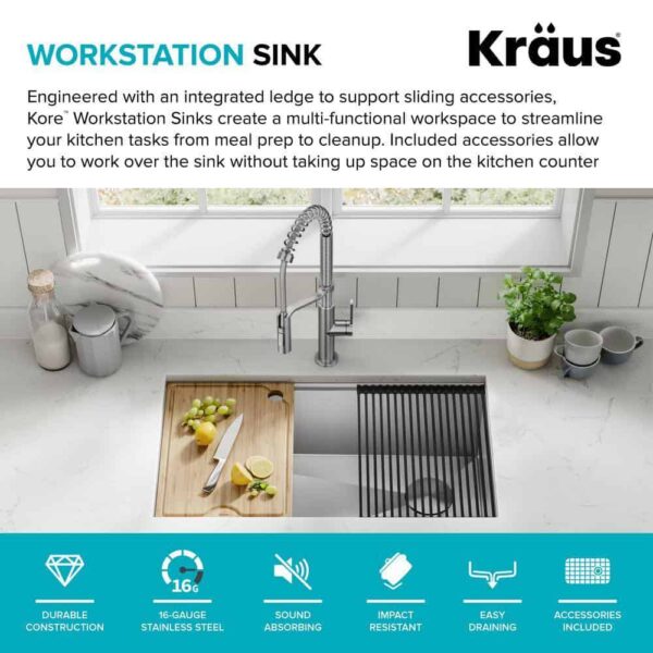 KRAUS Kore Workstation 32-inch Undermount 16 Gauge Single Bowl Stainless Steel Kitchen Sink with Accessories (Pack of 5) - Image 4