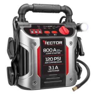 VECTOR 800 Peak Amp Automotive Jump Starter, Portable Power – Triple 15W USB Ports, 120 PSI Air Compressor