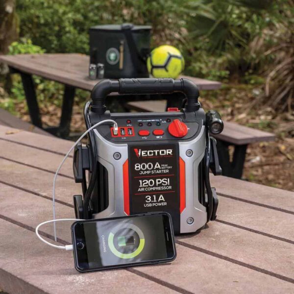 VECTOR 800 Peak Amp Automotive Jump Starter, Portable Power – Triple 15W USB Ports, 120 PSI Air Compressor - Image 5