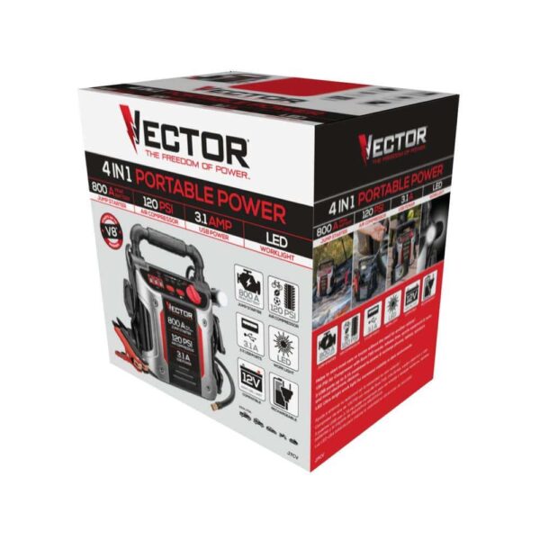 VECTOR 800 Peak Amp Automotive Jump Starter, Portable Power – Triple 15W USB Ports, 120 PSI Air Compressor - Image 2