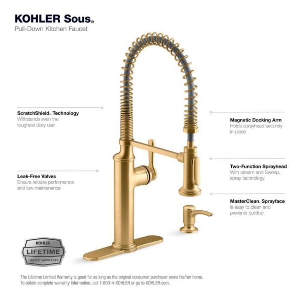 KOHLER Sous Pro-Style-Single Handle Pull Down Sprayer Kitchen Faucet in Vibrant Brushed Moderne Brass - Image 4