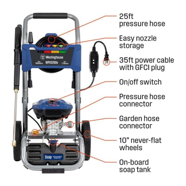 Westinghouse 3200 PSI 1.76 GPM 13 Amp Cold Water Electric Powered Pressure Washer with Turbo Nozzle and 5 Quick Connect Tips - Image 7