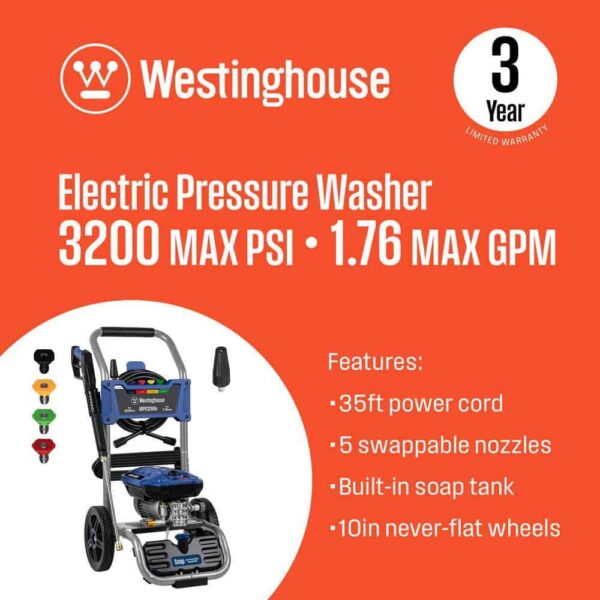 Westinghouse 3200 PSI 1.76 GPM 13 Amp Cold Water Electric Powered Pressure Washer with Turbo Nozzle and 5 Quick Connect Tips - Image 2