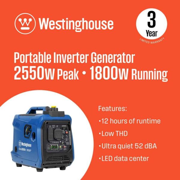 Westinghouse iGen2550c 2,550-Watt Gas Powered Portable Inverter Generator with Recoil Start, Quiet Technology, LED Data Center - Image 2