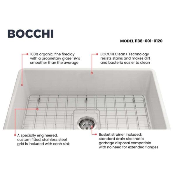 BOCCHI Classico Farmhouse Apron Front Fireclay 30 in. Single Bowl Kitchen Sink with Bottom Grid and Strainer in White - Image 4