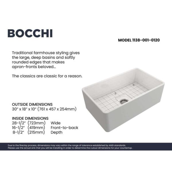 BOCCHI Classico Farmhouse Apron Front Fireclay 30 in. Single Bowl Kitchen Sink with Bottom Grid and Strainer in White - Image 3