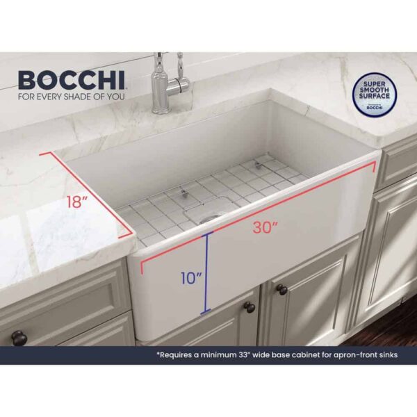 BOCCHI Classico Farmhouse Apron Front Fireclay 30 in. Single Bowl Kitchen Sink with Bottom Grid and Strainer in White - Image 2