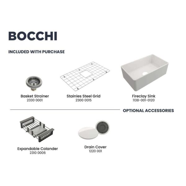 BOCCHI Classico Farmhouse Apron Front Fireclay 30 in. Single Bowl Kitchen Sink with Bottom Grid and Strainer in White - Image 6
