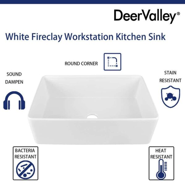 DEERVALLEY DV-1K0067 White Fireclay 33 in. Single Bowl Farmhouse Apron Workstation Kitchen Sink with Accessories - Image 10