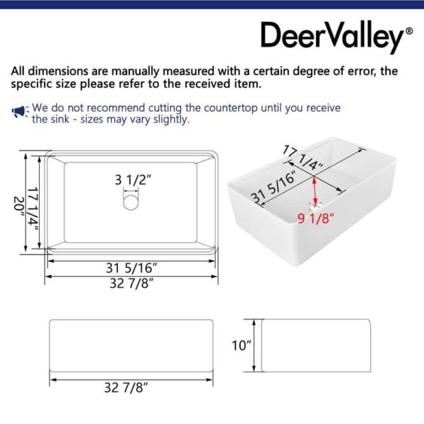 DEERVALLEY DV-1K0067 White Fireclay 33 in. Single Bowl Farmhouse Apron Workstation Kitchen Sink with Accessories - Image 3