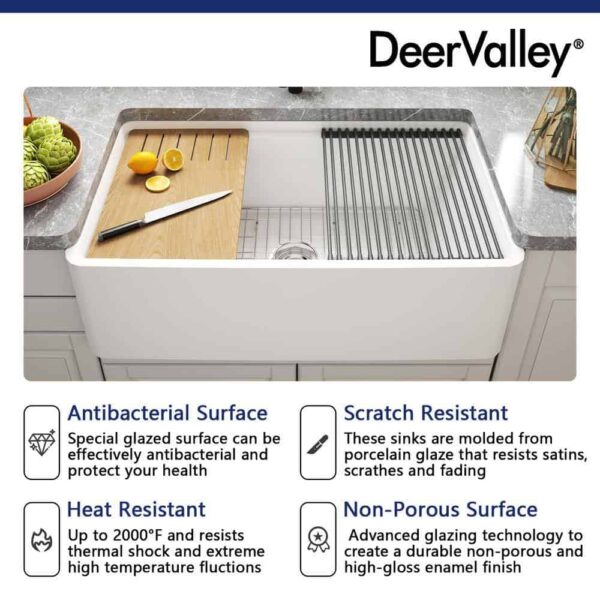 DEERVALLEY DV-1K0067 White Fireclay 33 in. Single Bowl Farmhouse Apron Workstation Kitchen Sink with Accessories - Image 9
