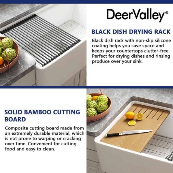 DEERVALLEY DV-1K0067 White Fireclay 33 in. Single Bowl Farmhouse Apron Workstation Kitchen Sink with Accessories - Image 6