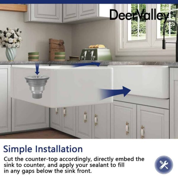 DEERVALLEY DV-1K0067 White Fireclay 33 in. Single Bowl Farmhouse Apron Workstation Kitchen Sink with Accessories - Image 7