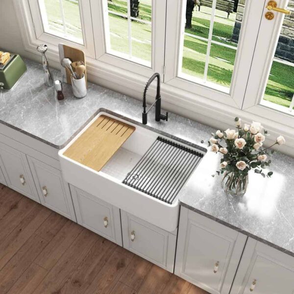 DEERVALLEY DV-1K0067 White Fireclay 33 in. Single Bowl Farmhouse Apron Workstation Kitchen Sink with Accessories - Image 13