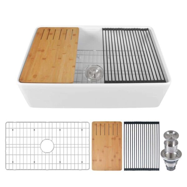 DEERVALLEY DV-1K0067 White Fireclay 33 in. Single Bowl Farmhouse Apron Workstation Kitchen Sink with Accessories - Image 2