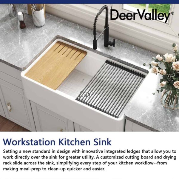 DEERVALLEY DV-1K0067 White Fireclay 33 in. Single Bowl Farmhouse Apron Workstation Kitchen Sink with Accessories - Image 12