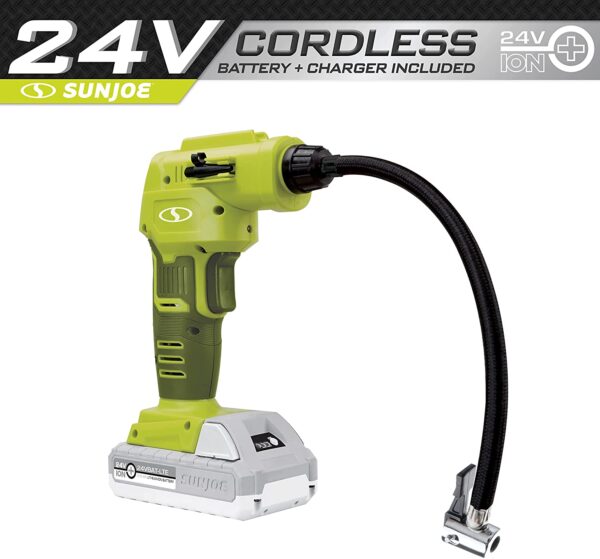 Sun Joe 24V-AJC-AJV-LTE 24V iON+ High Volume Inflator   Portable Air Compressor Kit | w/ 2.0-Ah Battery + Charger, Storage Bag, 3 Inflation Adapters, and Nozzle Pin Attachments - Image 4