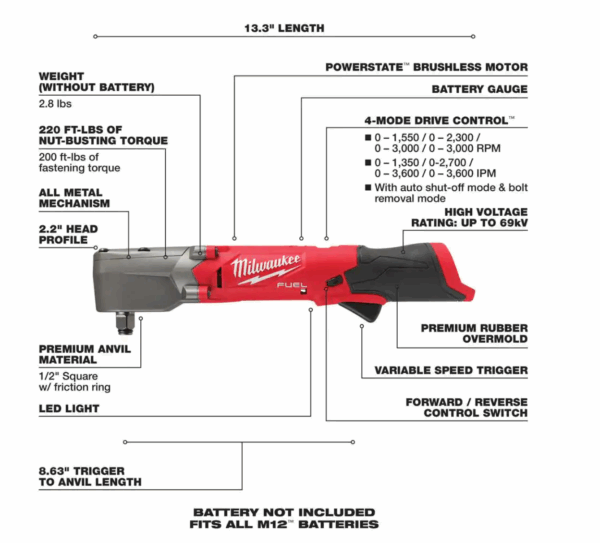 2565-20 M12  12V Lithium-Ion Brushless Cordless 1/2 in. Right Angle Impact Wrench (Tool-Only) - Image 2