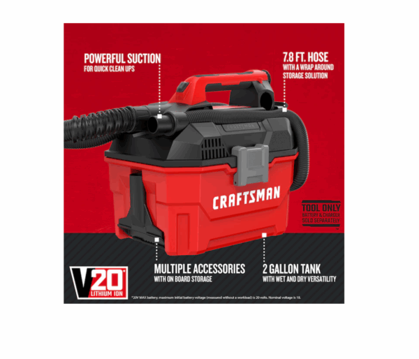CMCV002B V20 20-Volt Max 2-Gallon Cordless Portable Wet/Dry Shop Vacuum (Battery Not Included) - Image 2