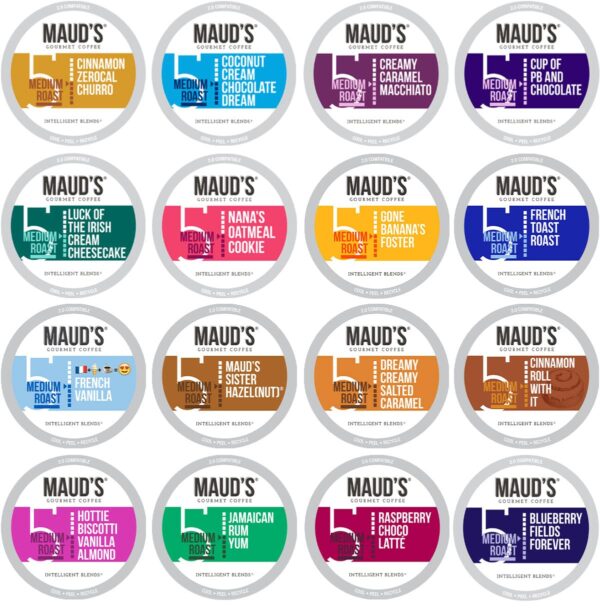Maud s Super Flavored Coffee Variety Pack, 80ct. Solar Energy Produced Recyclable Single Serve Flavored Coffee Pods Jam-Packed with 16 Flavors   100% Arabica Coffee California Roasted, KCup Compatible