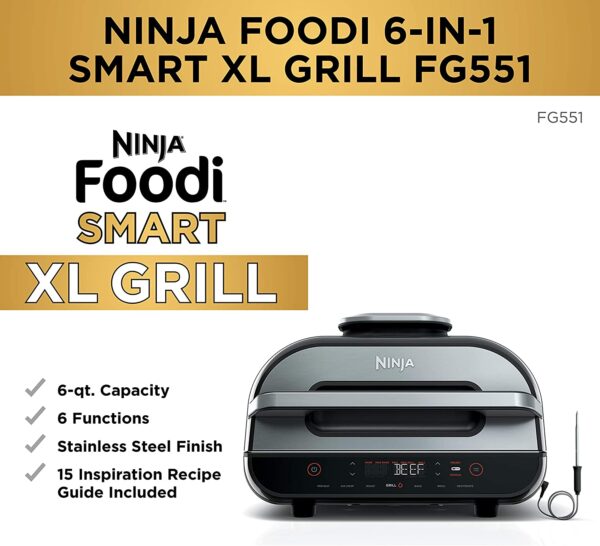 FG551  Smart XL 6-in-1 Indoor Grill with Air Fry, Roast, Bake, Broil   Dehydrate, Smart Thermometer, Black/Silver - Image 3