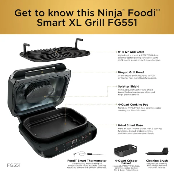 FG551  Smart XL 6-in-1 Indoor Grill with Air Fry, Roast, Bake, Broil   Dehydrate, Smart Thermometer, Black/Silver - Image 14