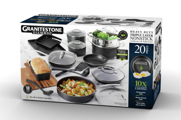 Granite Stone Pots and Pans Set 20 Piece Complete Cookware Bakeware Set Nonstick Dishwasher Oven Safe Black - Image 2