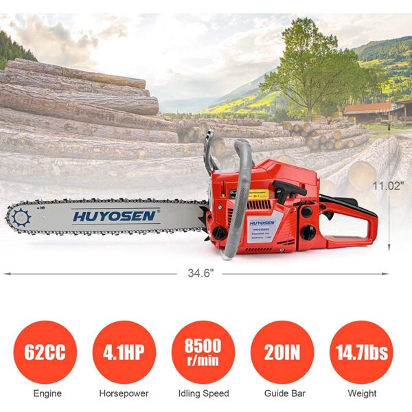 HUYOSEN 62CC 2-Cycle Gas Powered Chainsaw, 20-Inch Cordless Handheld Gasoline Chain Saws - Image 3