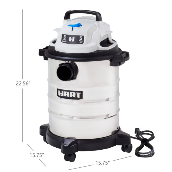 HART 6 Gallon 5 Peak HP Stainless Steel Wet/Dry Vacuum, VOC608S 3702 - Image 3