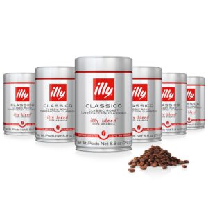 illy Whole Bean Coffee   Perfectly Roasted Whole Coffee Beans ?C Classico Medium Roast   with Notes of Caramel, Orange Blossom   Jasmine   100% Arabica Coffee   No Preservatives ?C 8.8 Ounce, 6 Pack