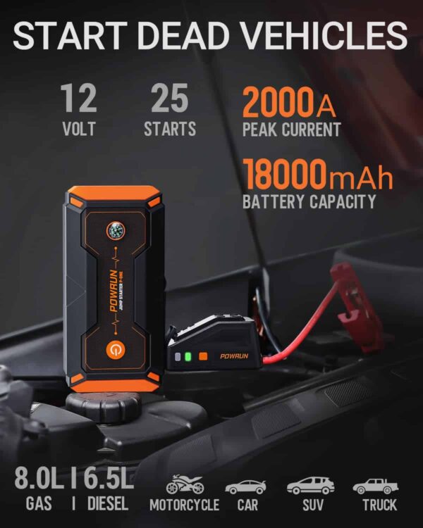 Powrun P-ONE Jump Starter, 2000A Portable Jump Box   Car Jump Starter Battery Pack - Image 7